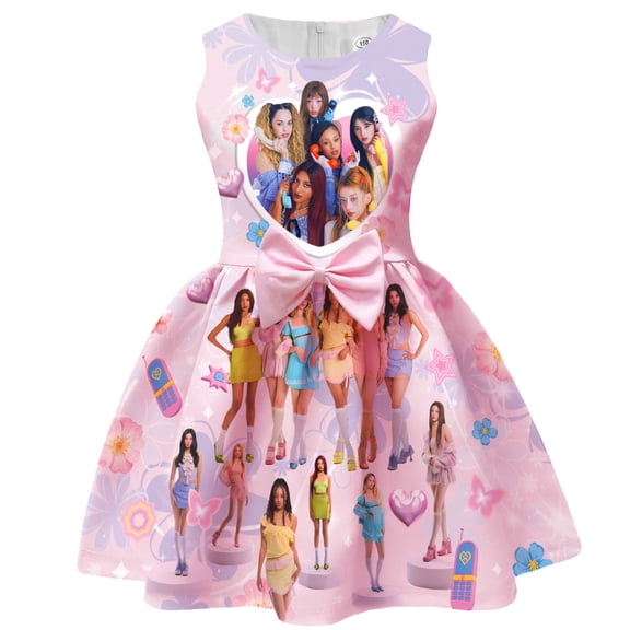 Girls Sleeveless Dress, Kids 3D Print Bow Skater Dress, Pop‑Music‑Group Fan Casual Party Summer Princess Costume Birthday Gift