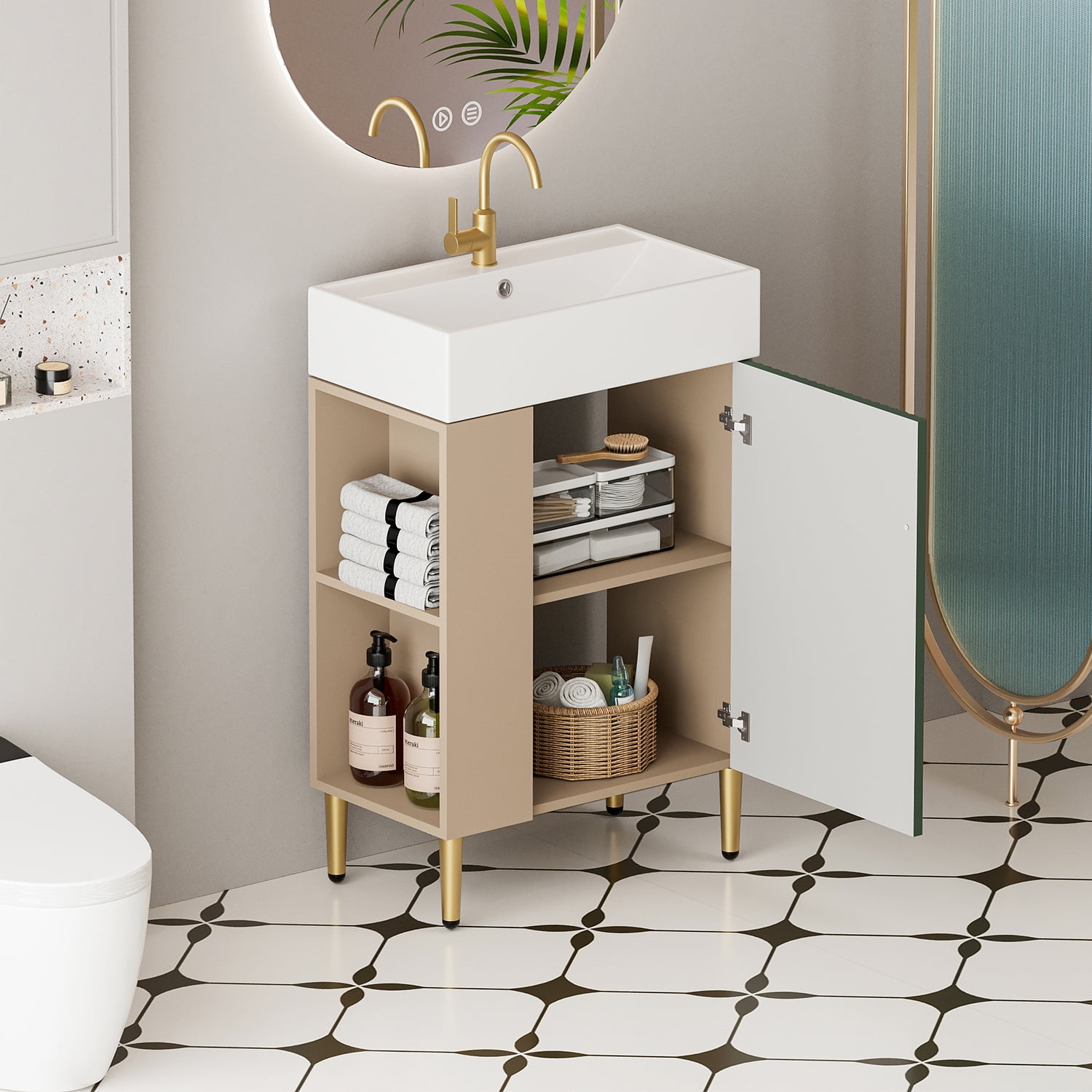 Demi Bonn 21" Bathroom Vanity with Ceramic Sink and Soft-Closing Door, Cloakroom Open Shelf Storage Cabinet on the Left Side, Faucets and Drains Not Included, Green