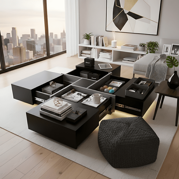 SESSLIFE Modern Coffee Table with Hidden Storage Compartments, Square Extendable Sliding Tabletop for Living Room, UV High-gloss Design Center Table, Black Finish