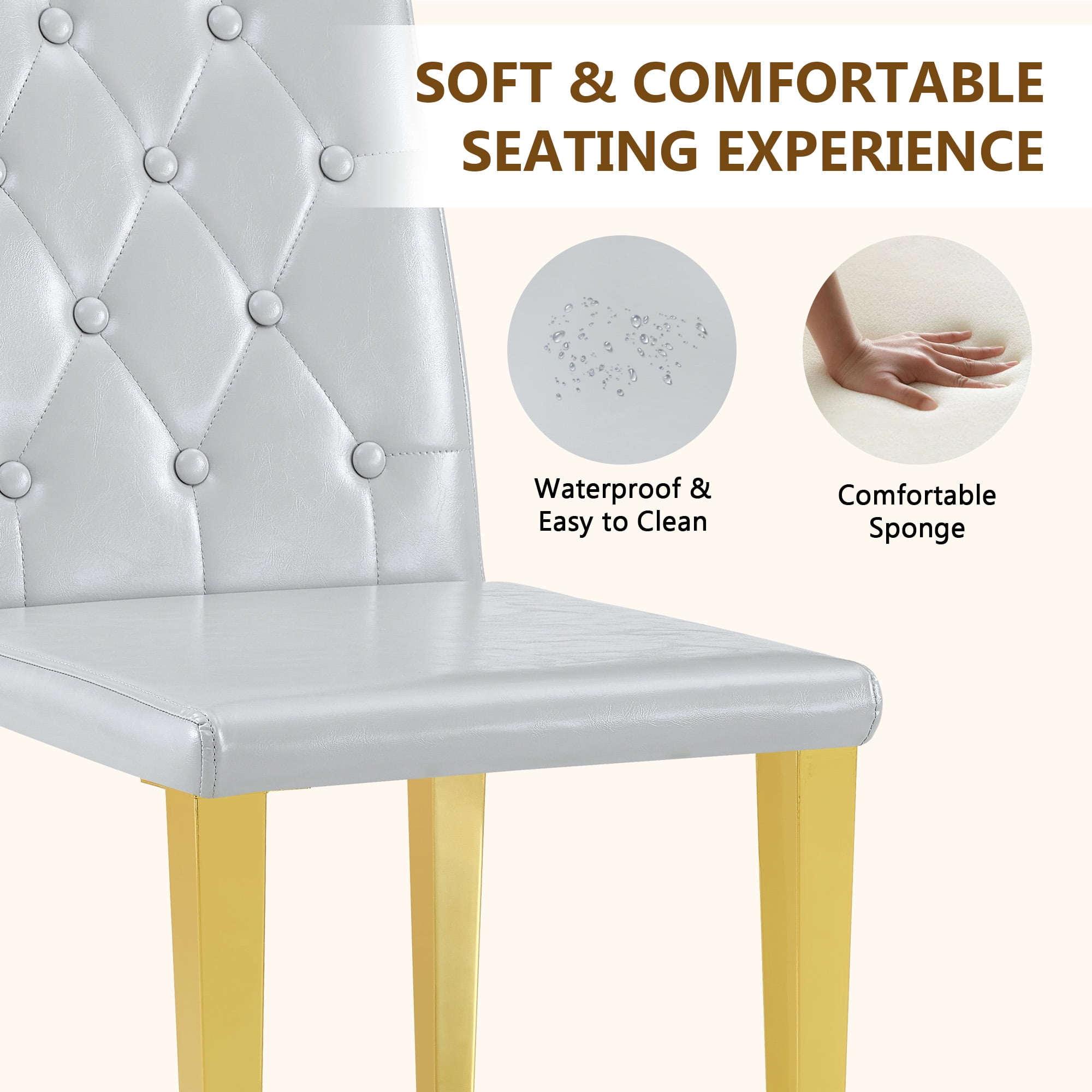 TesNus Dining Chairs Set of 2, 35" Height Light Gray PU Leather Tufted Back Upholstered Chairs with Gold Metal Legs for Dining Room Kitchen