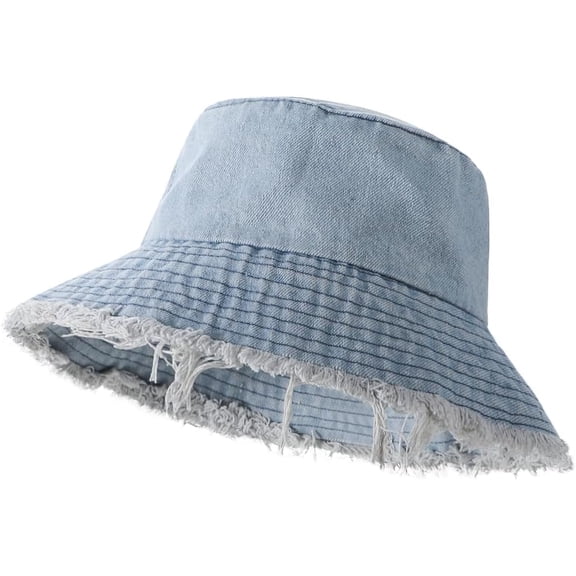 Kukuzhu Frayed Denim Bucket Hat Distressed Jean Fisherman Cap Wide Brim Boonie Sun Hat Packable Beach Cap for Women Men