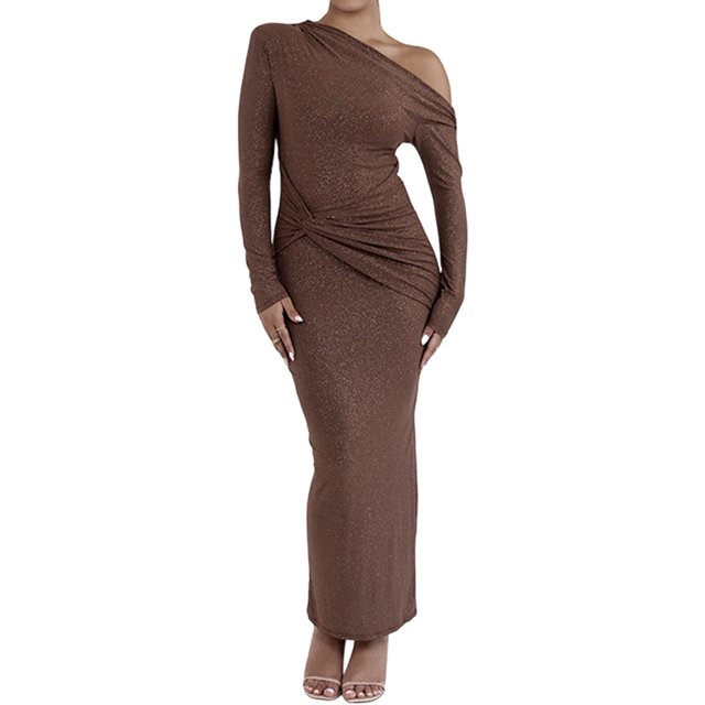 Robe pour Femme Automne Hiver Française à Manches Longues Coupe Ajustée Robe Maxi Formelle pour Femmes Brun m