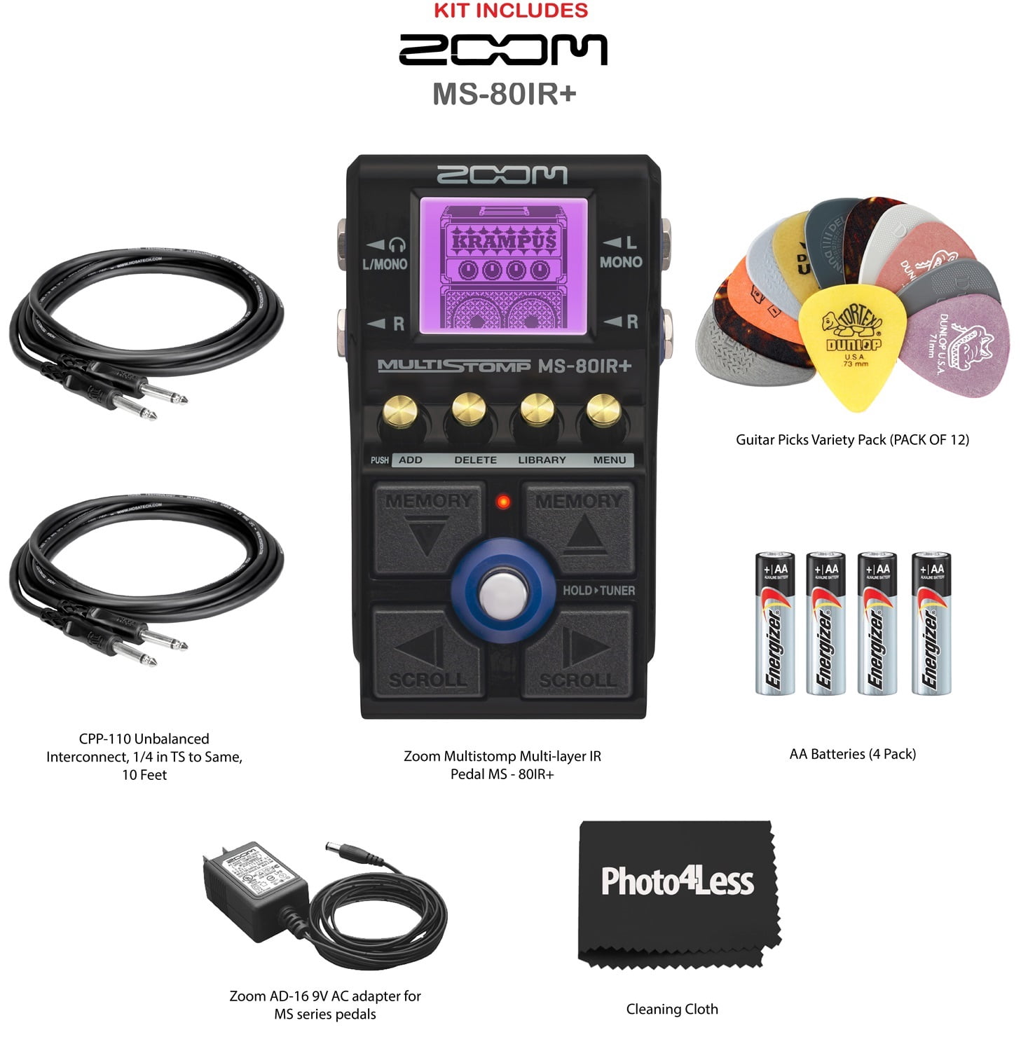 Zoom Multistomp Multi-layer IR Pedal, Bundle with AC adapter, Guitar Picks, AA Batteries (4 Pack), 2X 1/4 in male cable, 10 Feet