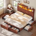 thumbnail image 6 of Farmhouse Bed Frame with 6 Storage Drawers, Queen Size Wood Platform Bed with Headboard Bookcase and Built-in Charging Station, LED Lights, Reddish Brown,Modern Bedroom Furniture, 6 of 9