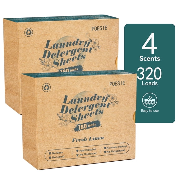 Poesie Laundry Detergent Sheets, Fresh Linen Scent, Liquidless, 320 Count, 160 Loads, 2 Pack