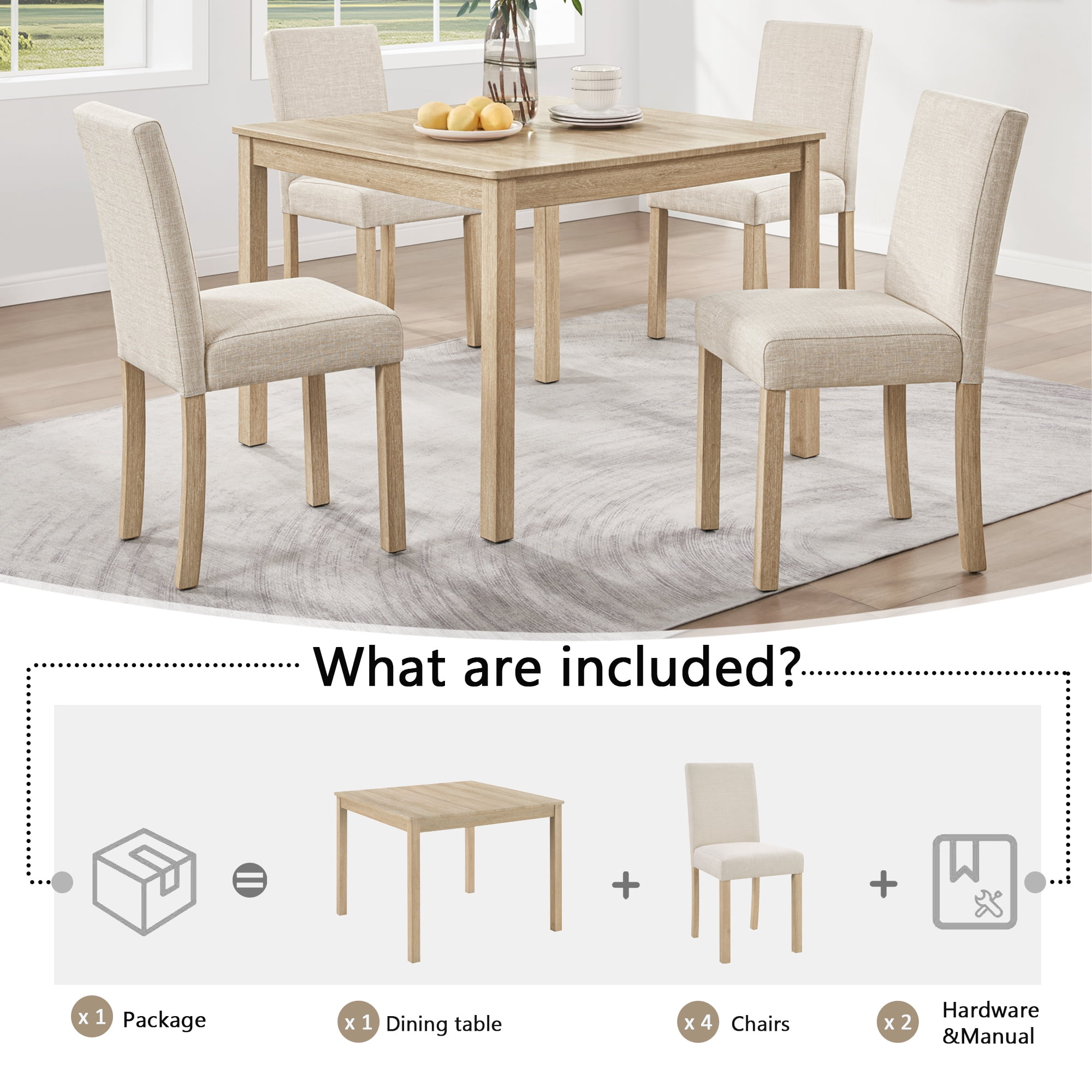5-Piece Dining Table Set for 4, 39" Square Kitchen Table with 4 Fabric Chairs