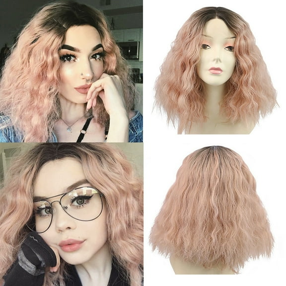 DOPI Human Hair Wigs For Women Black Color Natural Lace Hair Pink Short Wave Curly Hair Wig Synthetic Water Wave Curly Long