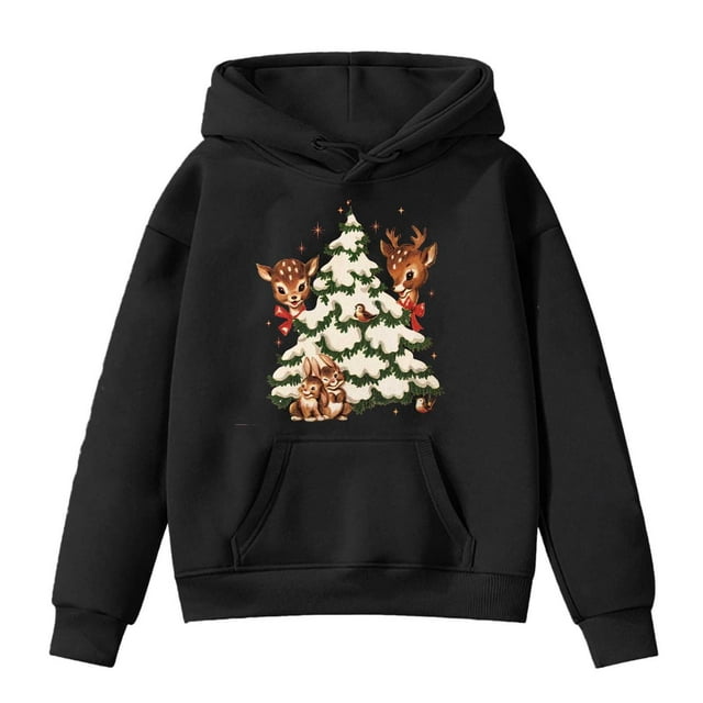 PMVFHDE Chandails à Capuchon et Chandails pour Filles Chandail Rétro de Noël avec Renne Haut Mignon Col Rond Chandail de Groupe Familial Tenue Preppy Noir, 7-8 Ans