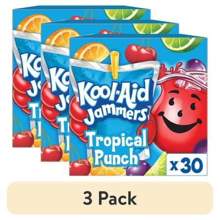 (3 pack) Kool-Aid Jammers Artificially Flavored Drink, 30 Pouches, for School Lunches and On-the-Go Hydration, Tropical Punch Artificially Flavored, Excellent Source of Vitamin C, 6 fl oz