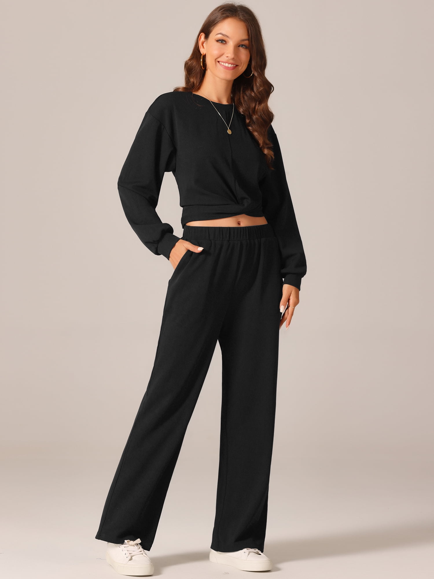 DARING DIVA Women's 2 Pcs Sweatsuit Cropped Sweatshirt and Wide Leg Pant M Black