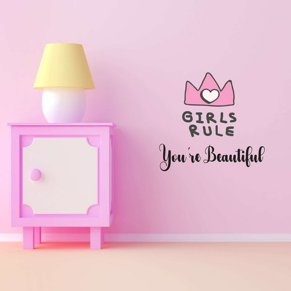 Girls Rule You're Beautiful Girls Love Beautiful Crown Prince Unicorns Royalty Sweet Dreams Love Fondness Devotion Decorating Holiday Gift Ideas Bedroom Wall Decal Sticker - Size: 20 In X 18 In