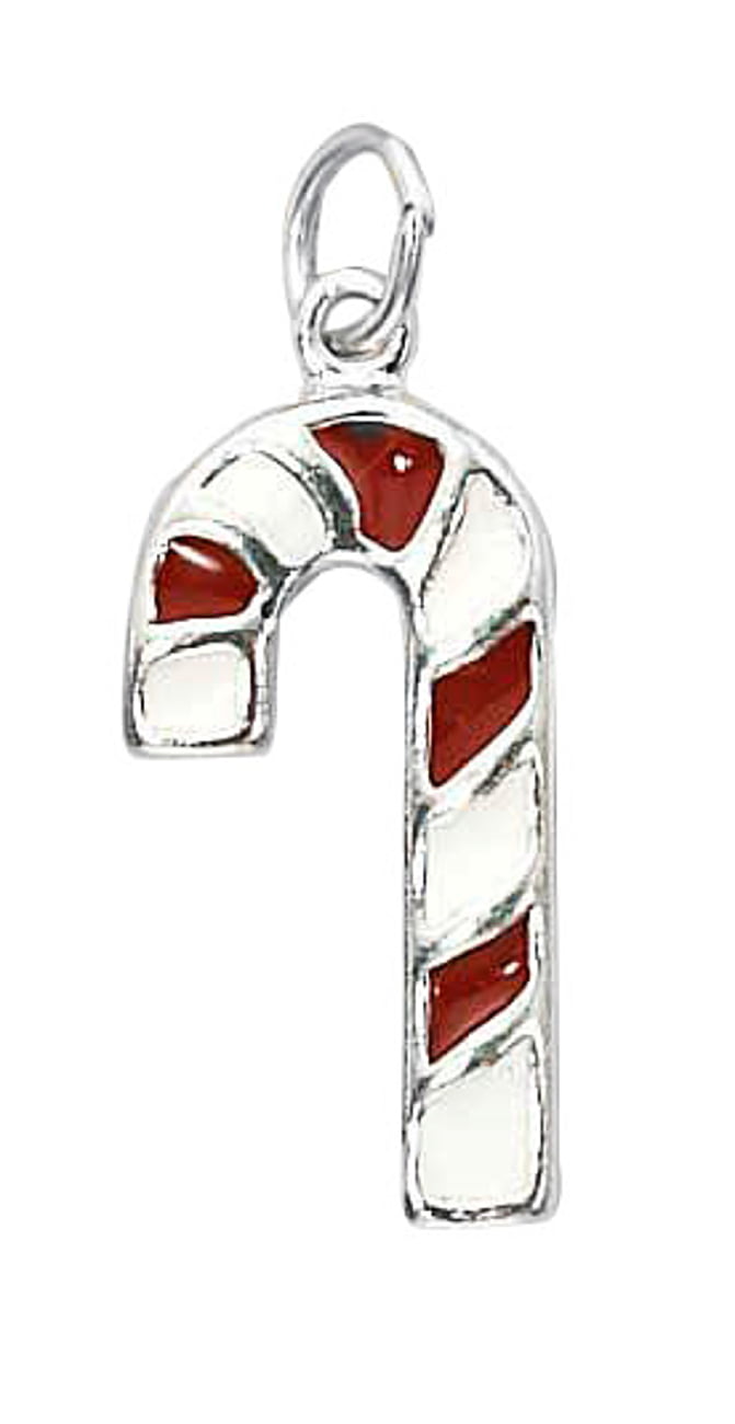 Sterling Silver Womens 1mm Box Chain Enameled Red White Candy Cane Pendant Necklace
