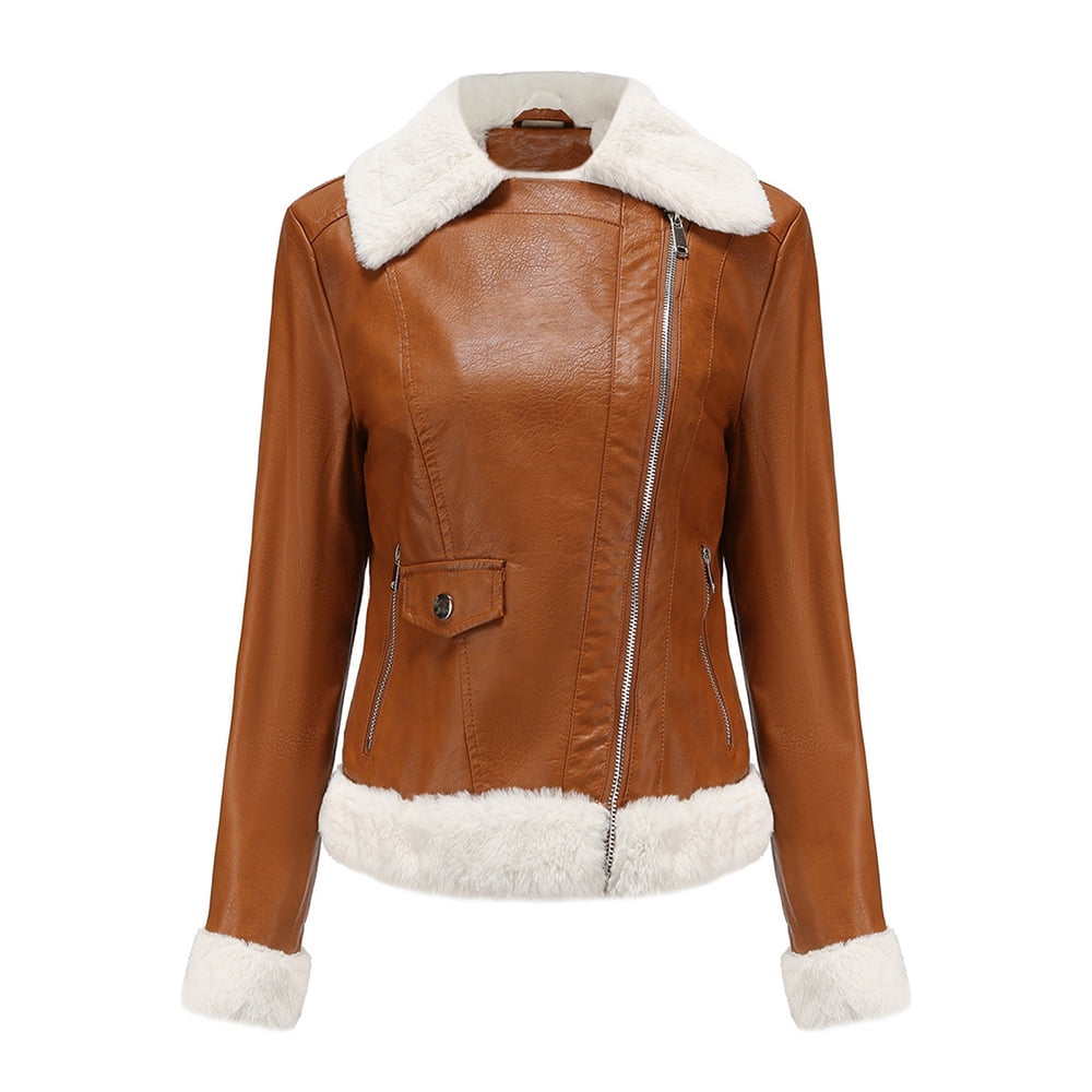 Leather Jackets for Women Zpanxa Women Faux Leather Moto Biker Short Coat Jacket, Plus Size Short Lightweight Motorcycle Biker Jacket, Fitted Slim Jackets Coat Khaki B XXL