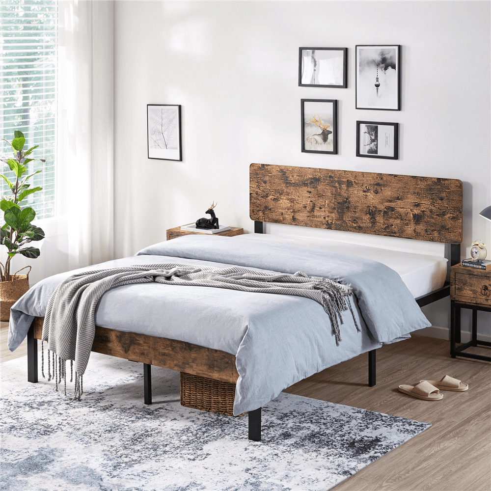 Livebest Full Queen Bed Frame Upholstered Metal Platform Headboard Wood Slat 