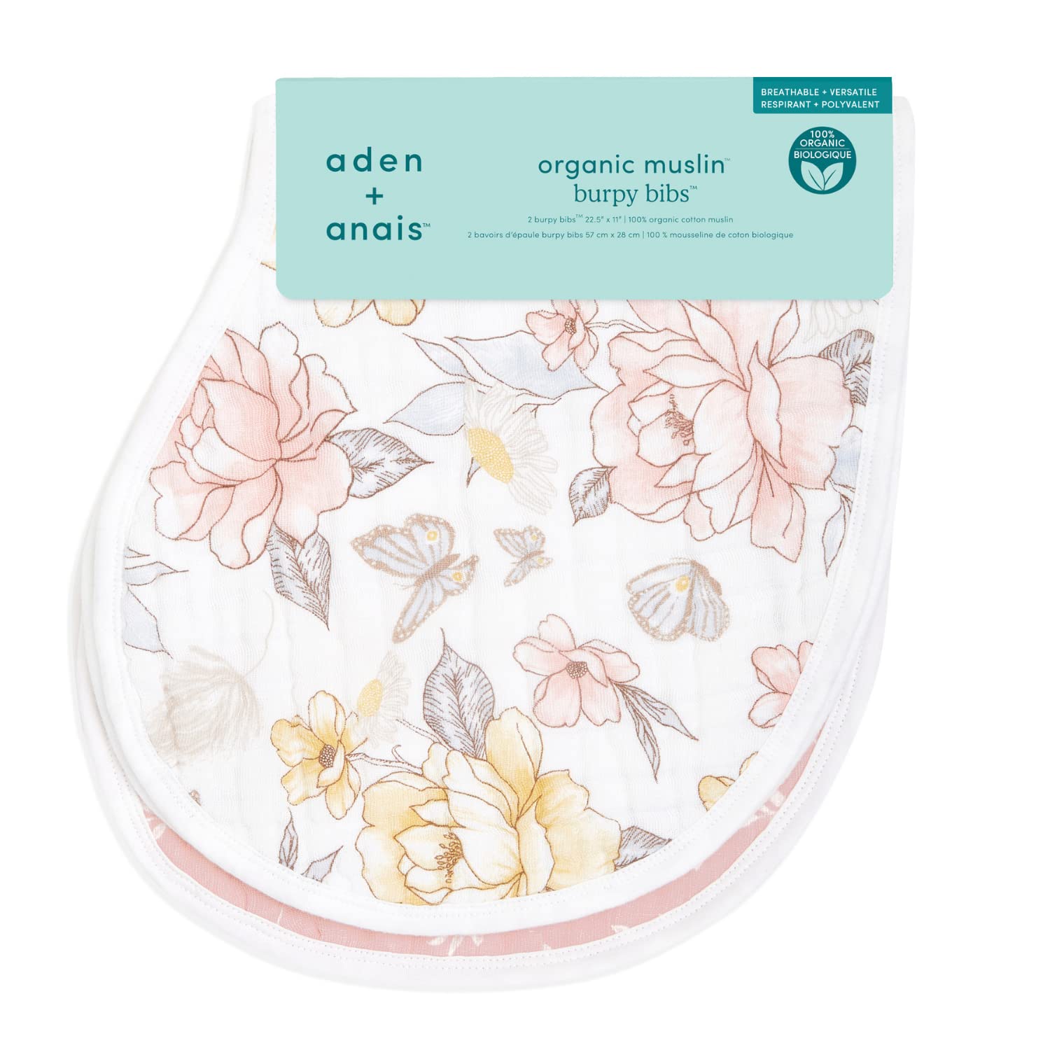 aden + anais Organic Cotton Muslin Burpy Bibs, Pink Above the Clouds, Girl, 2-pack