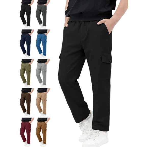 Nugftut Cargo Pants for Boys, Multi‑Pockets Elastic Waist Casual Outdoor School Pants for Boys,Black,Sizes 5-6