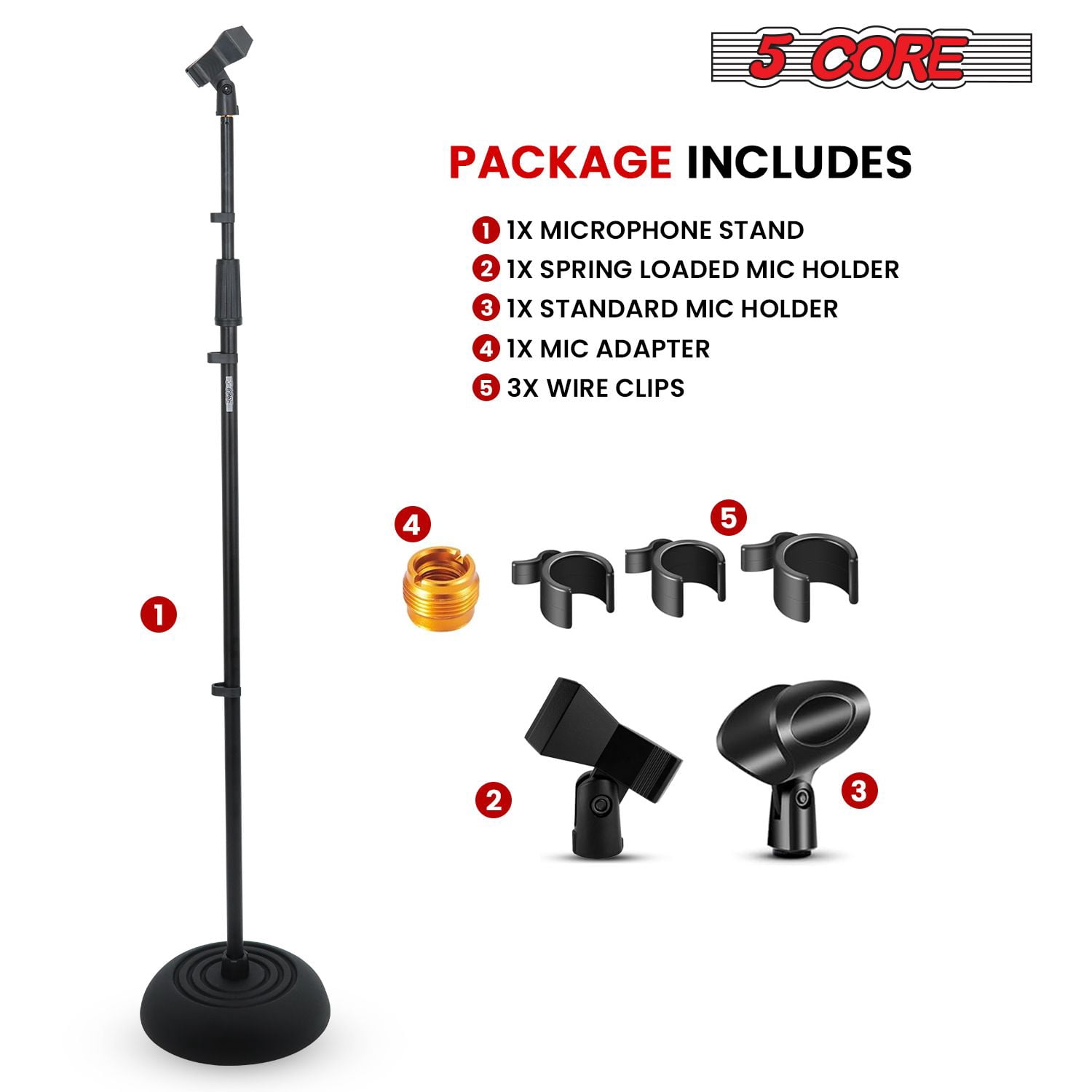 Heavy Duty Adjustable Floor Mic Stand 2-Pack (37.5-70") w/180° Angle & Cable Clips - Weighted Base, 4.6lb Capacity