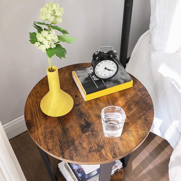 End Table, Round Side Table with Storage Shelf, Rustic Brown and Black