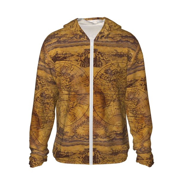 Balery Vintage Map Sudadera ligera de manga larga con capucha y protección solar UPF 50+ para hombre y mujer, ideal para pesca y running-Small