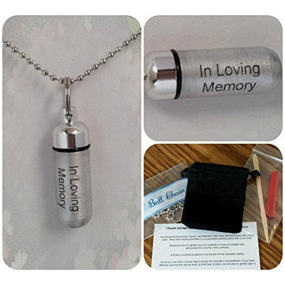 Laser Engraved "In Loving Memory" CREMATION URN Necklace - Includes Velvet Pouch, Ball-Chain, Fill-Kit, Instructions