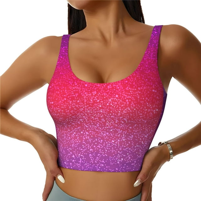 Fotbe Light Purple Glitter Sujetador Deportivo Largo sin Aros para Mujer con Almohadillas y Soporte Medio, Transpirable y Absorbente, Camiseta Tipo Chaleco o Tank Top-X-Large