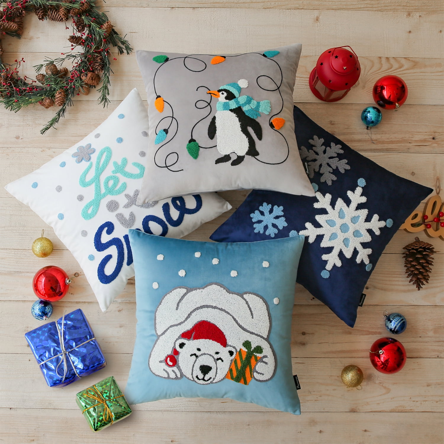 Christmas Penguin and Polar Bear Embroidered Decorative Holiday Series Throw Pillow with Inserts, Pink, 18 inch x 18 inch, Set of 4