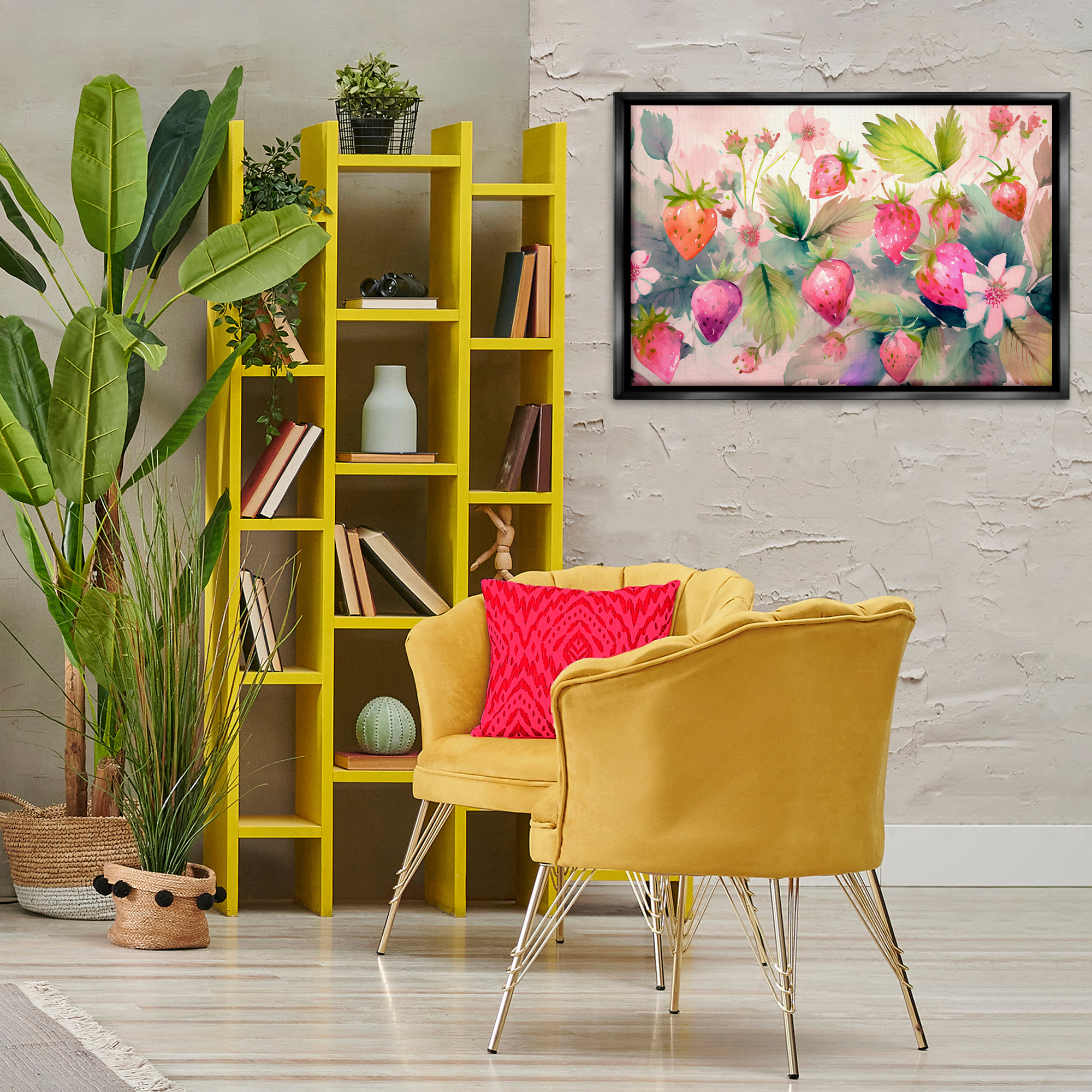 Stupell Industries Pink Strawberries & Bloom Food & Beverage Painting Black Floater Framed Canvas Art Print Wall Art, 31 x 21