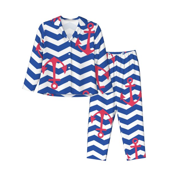 Fotbe Nautical Anchors Conjunto de Pijama de Manga Larga para Mujer con Estampado, Ropa de Dormir de 2 Piezas, Conjunto de Casa Suave y Cómodo con Bolsillos-XX-Large