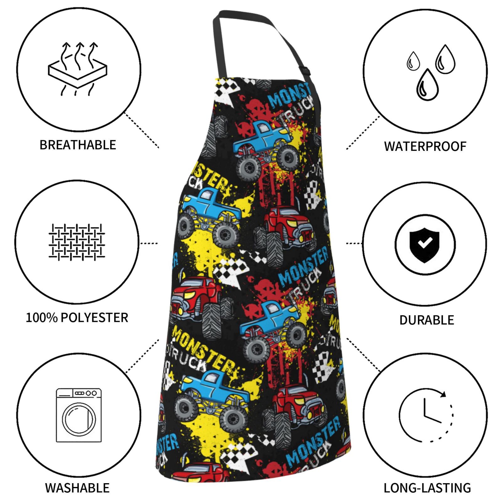 Picia Monster Car Waterproof Apron for Unisex Adult - Adjustable Bib Apron with Pockets, Ideal for Cooking, Gardening, Painting, and Household Chores