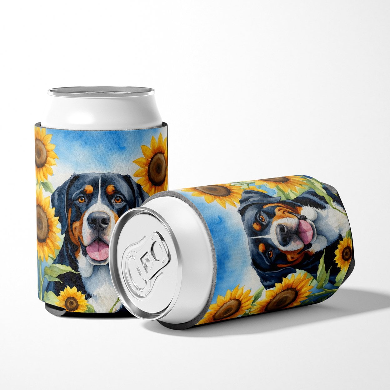 Greater Swiss Mountain Dog in Sunflowers Can or Bottle Hugger 3 in x 5 in