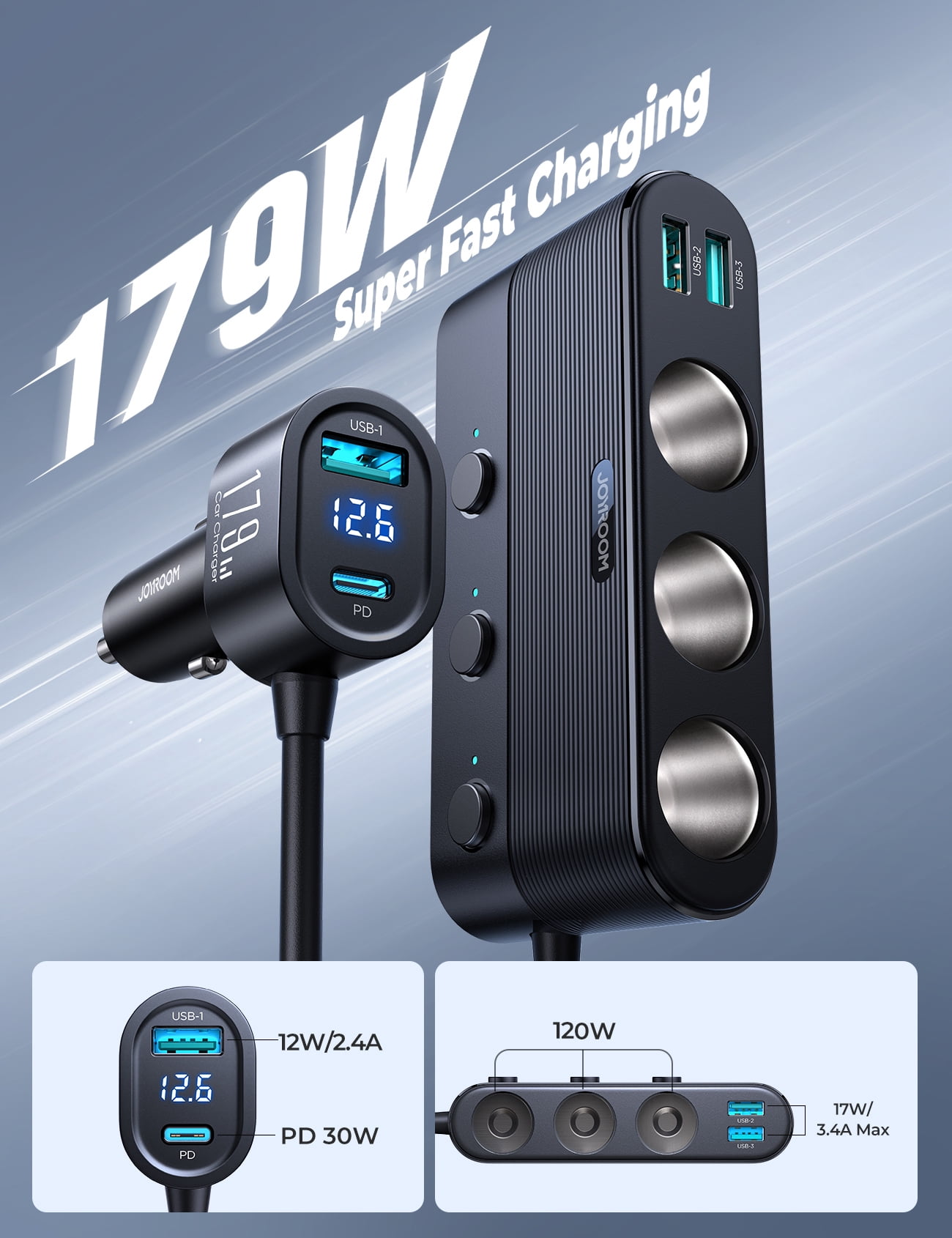 JOYROOM 7 in 1 Cigarette Lighter Adapter, PD 30W Fast Charging USB Car Charger Adapter, 24V/12V Cigarette Lighter Splitter with Independent Switches & LED Voltage Display