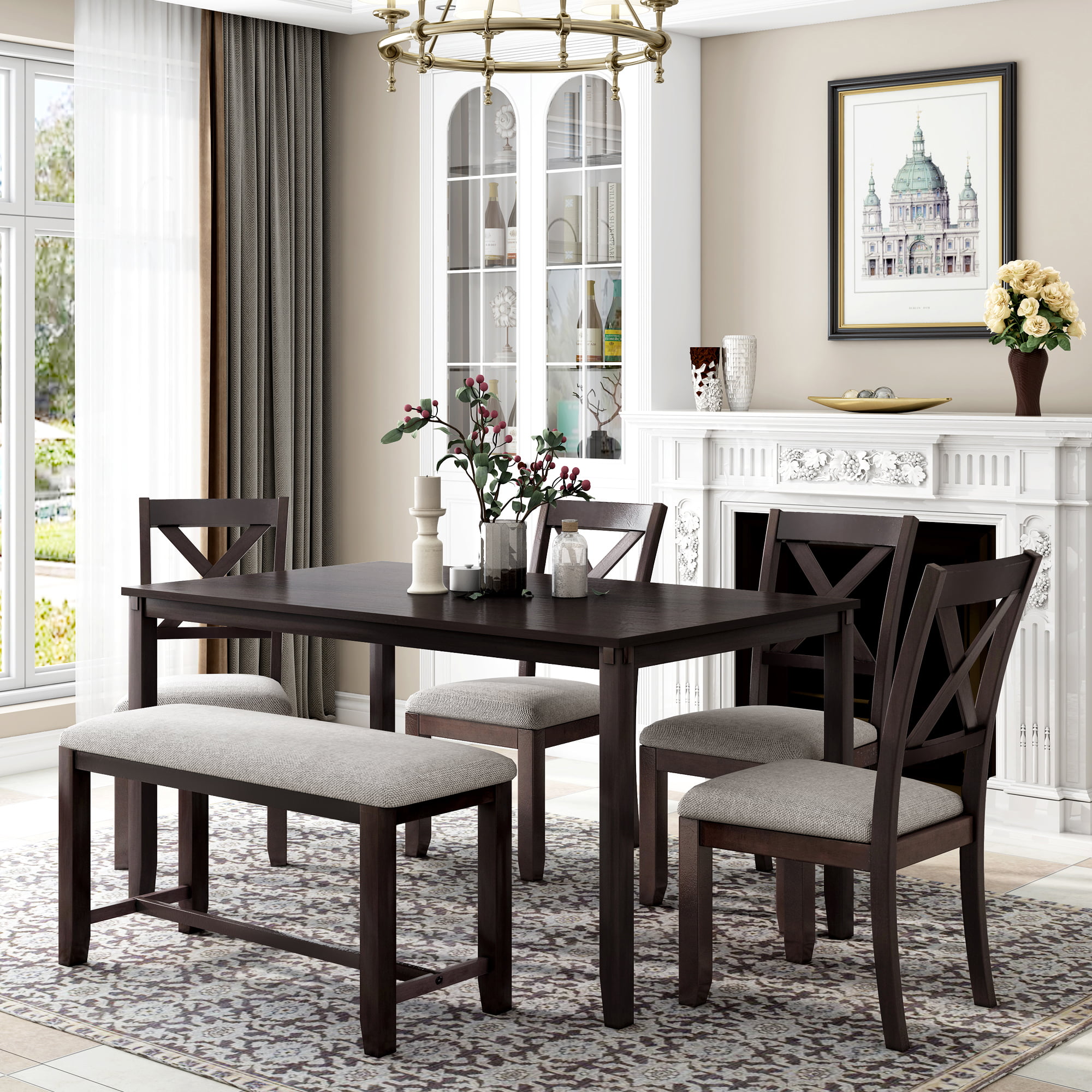 Wood Dining Table And Chair Set Of 6, Tufted Dining Room Set With Bench