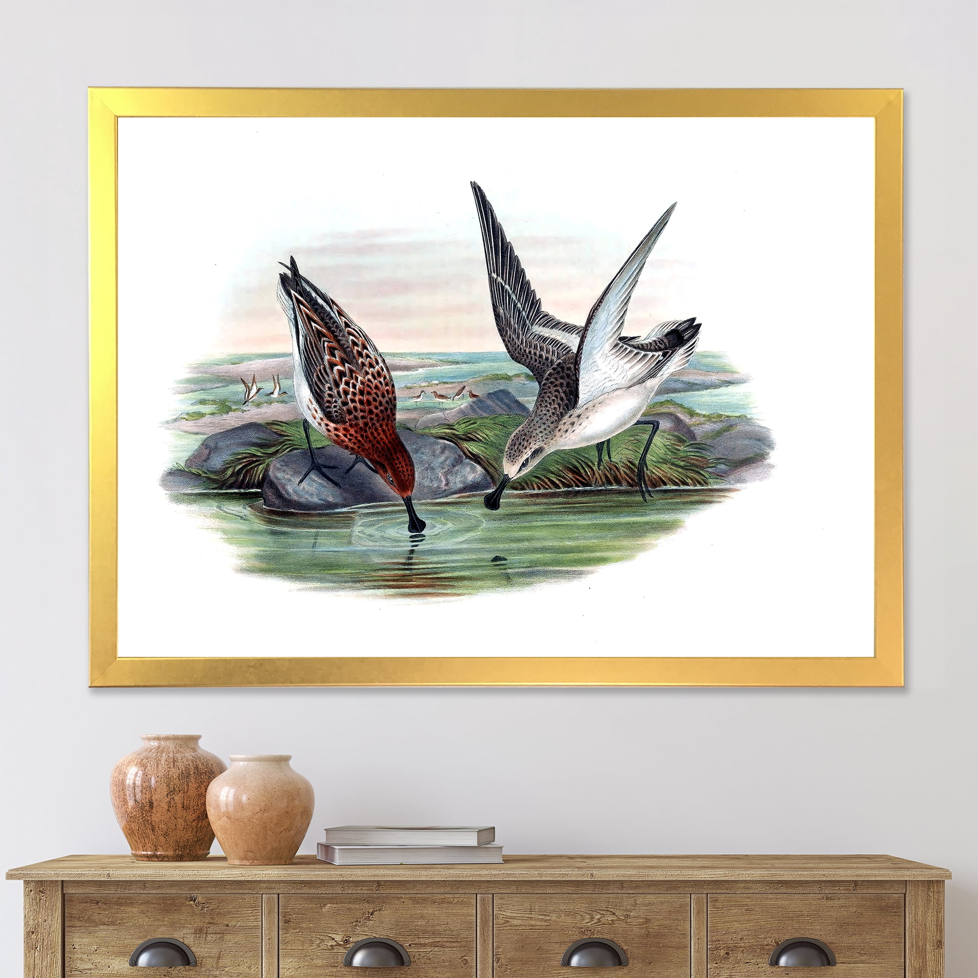 Designart 'Vintage Countryside Two Birds In Lake' Farmhouse Framed Art Print