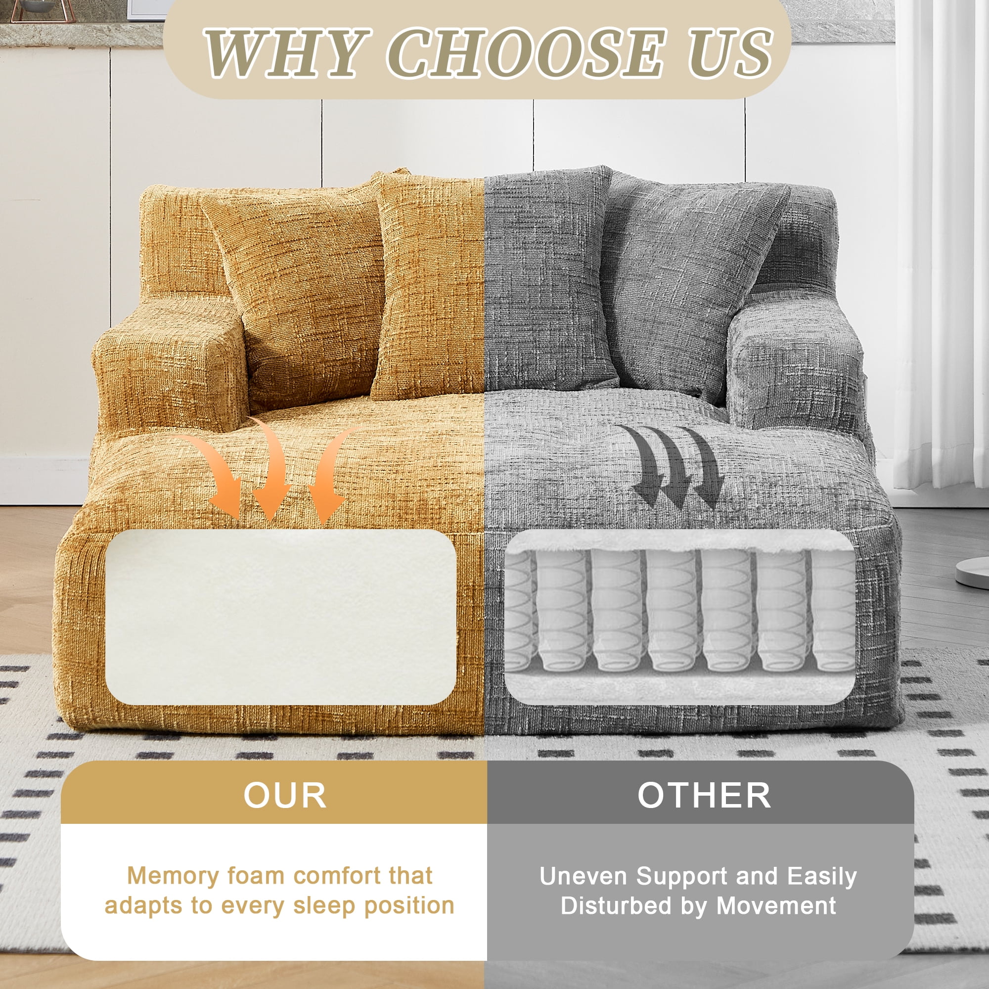 MOONMISS Oversized Chaise Lounge Chair Indoor Furniture, No Assembly Required, Plush Chenille Cloud Floor Sofa Bed for Living Room,Yellow