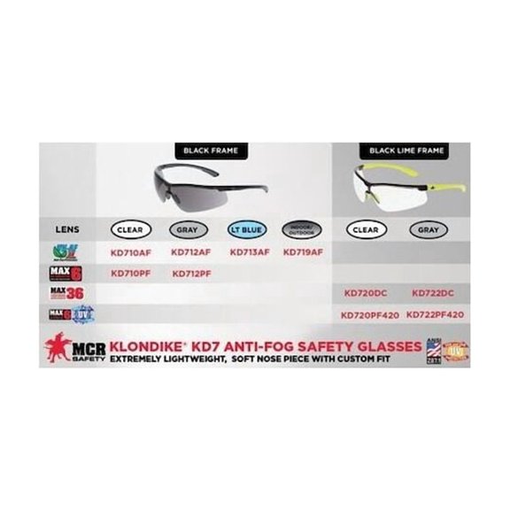 Klondike (KD7), Safety Glasses, Dual Coated MAX3/MAX6, Gray Lens, Hi-Vis Lime Frame, Half Frame