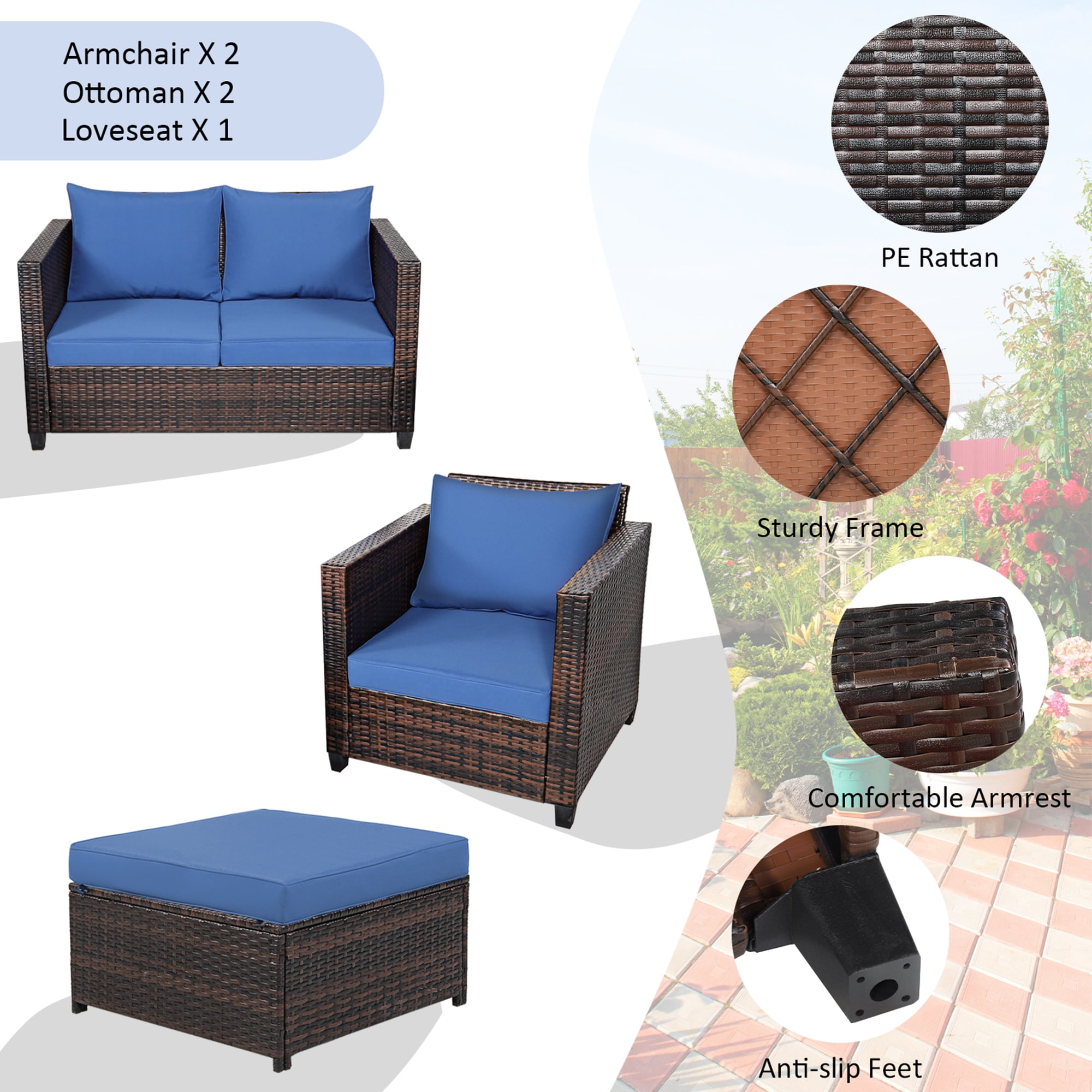 Gymax 5PCS Outdoor Patio Rattan Conversation Sofa Furniture Set w/ Navy Cushions
