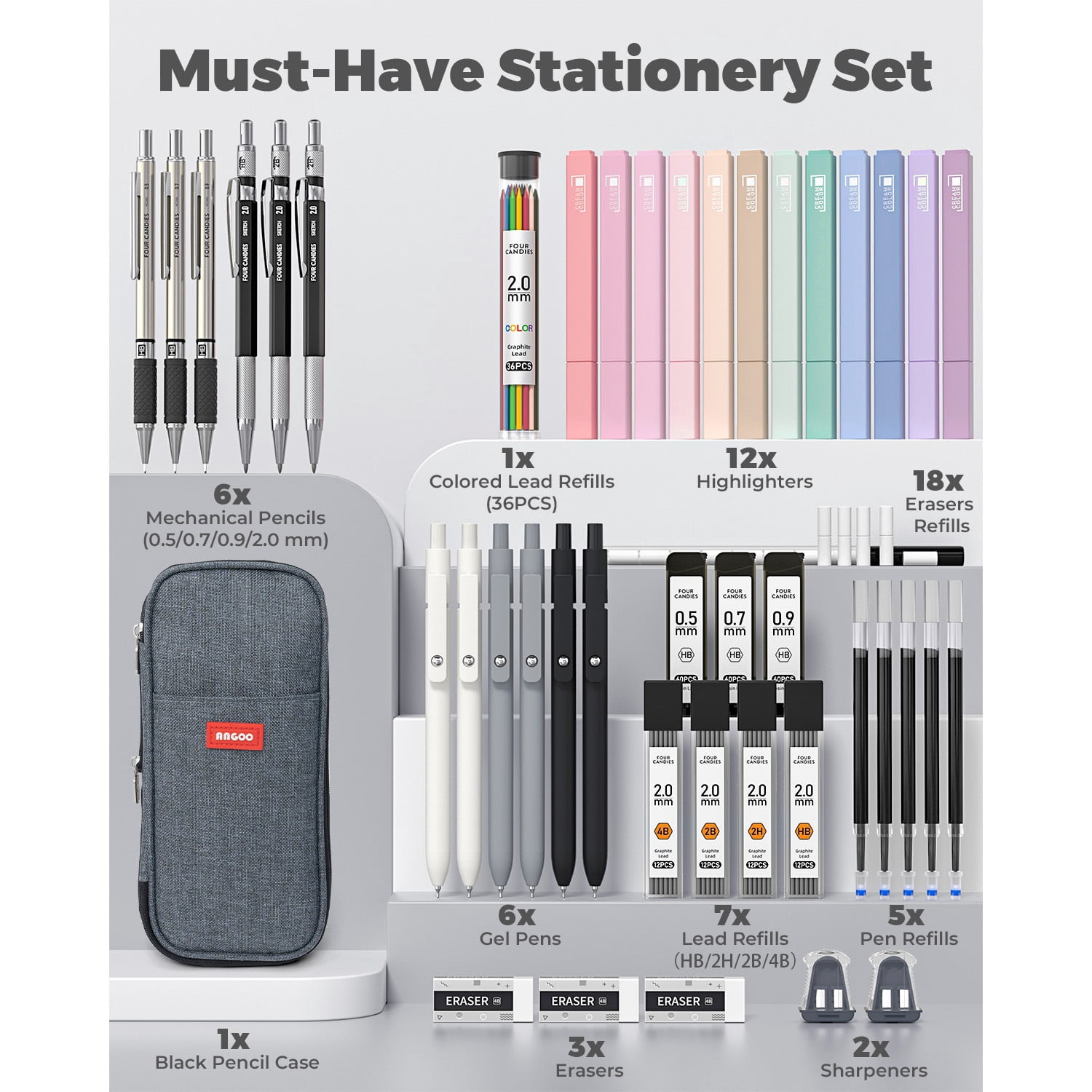 Four Candies 45 PCS Office Supplies with Pen Case, 6 Gel Pens, 6 Art Mechanical Pencil Set, 12 Highlighters for College Essentials Office Stationery (Black)