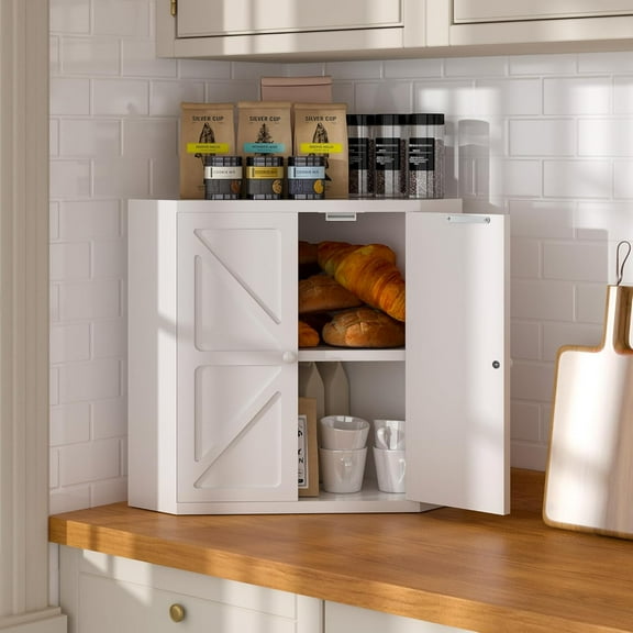 Corner Bread Box for Kitchen Countertop,Storage Container for Homemade Bread, Double Layer BreadBox, Large Capacity Bread Storage Bin, Vintage Farmhouse Breadbox Organizer,White
