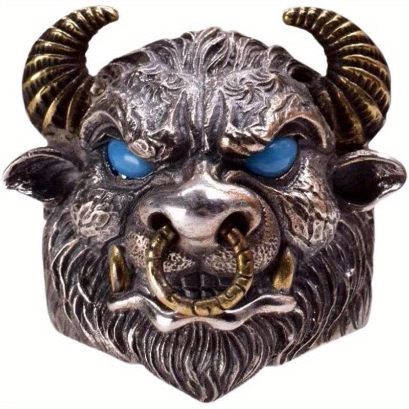 1 Bull Head Ring for Men, Personalized and Powerful Retro Zodiac Bull Ring, Open Mouth Ring, Versatile Gift giving, Daily Street Commuting, Party Celebrations, Festivals, Party Wearing,Blue Eyes