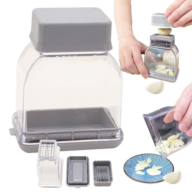 Oleegame 1PC Evenly Sliced Garlic Slicer Multifunction Manual Garlic Cutter Onion Chopper Crusher Pressing With Stainless Food Cutter Vegetable Slicer Peeler Kitchen Tools Gray