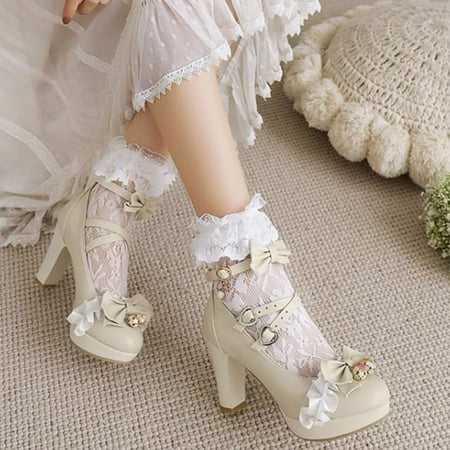 

bvgfsahne Sweet And Fresh Lace Bow Thick Sole Buckle Ladies Fairy High Heel Sandals