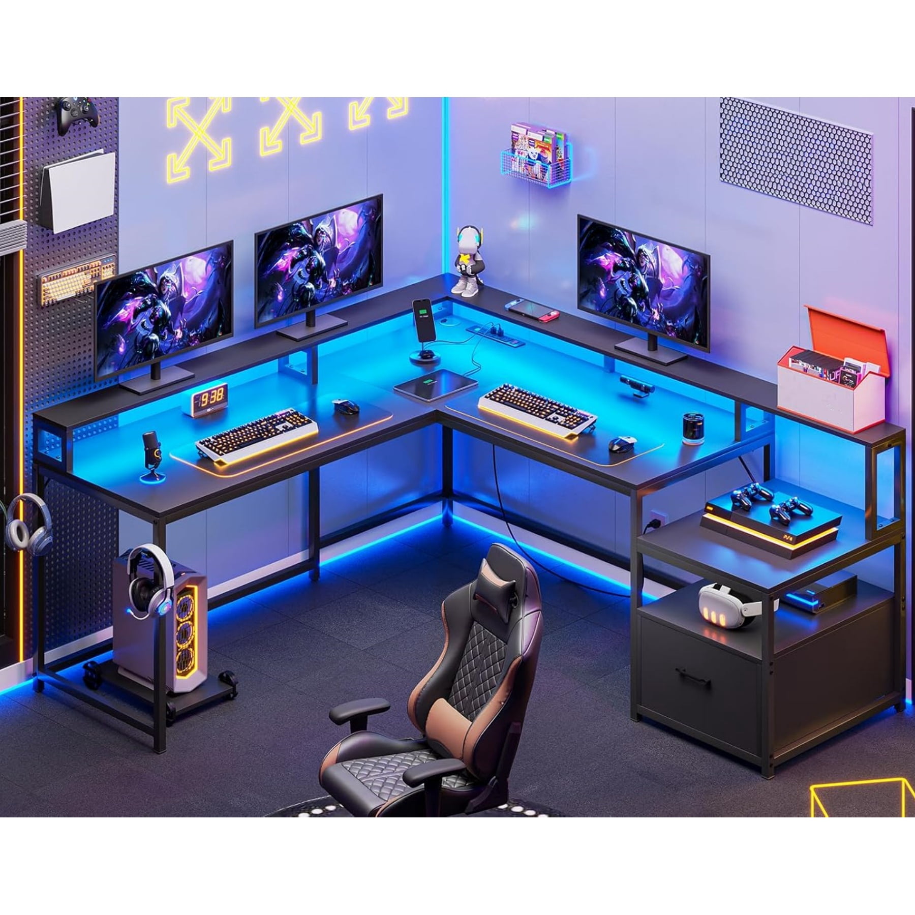 Reversible Computer Desk with Darwers & Monitor Stand, L-Shaped Office Desk with LED Lights & Power Strips, Black