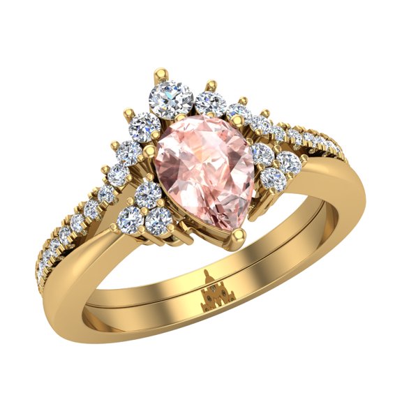 Wedding Ring Set 14K Gold Pear Morganite Tiara Style Diamond Ring (I,I1)