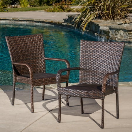 Christopher Knight Home PE Wicker Stackable Outdoor Dining Chairs, Iron Frame Patio Chairs, Brown, Set of 2