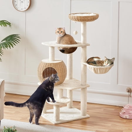 54in Rattan Cat Tree, Modern Tower with Breathable Woven Condo, Scratching Posts & Washable Cushions, Naturally Cool in Summer, Cute Furniture for Indoor Cats