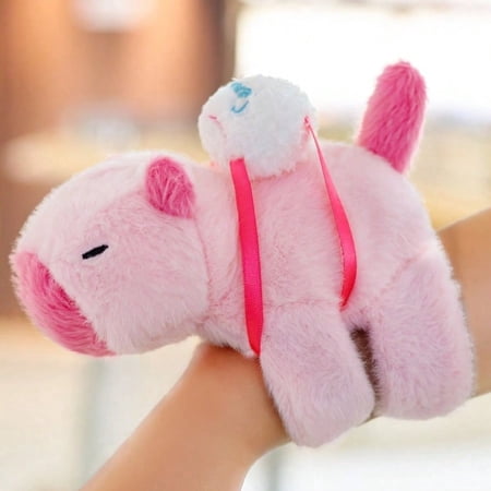 Soft Pink Capybara Plush Clapping Bracelet with White & Blue Accents Cute Stuffed Animal Toy for Girls Baby Home Decor Birthday Gifts for Women