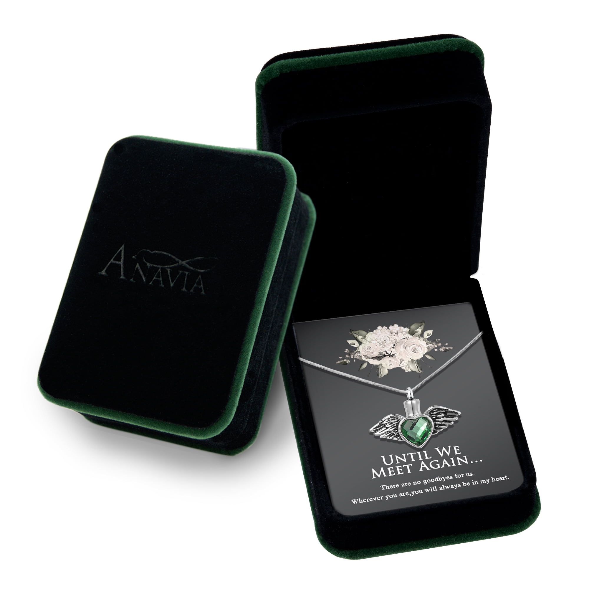 Anavia Green Crystal Angel Wings Cremation Jewelry Stainless Steel Keepsake Memorial Urn Necklace for Human with"Until We Meet Again" Comfort Card