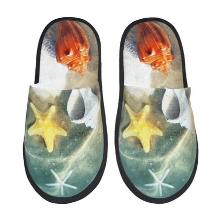 Balery Seashell On The Beach Slient Indoor Furry Fleece Comfort House Shoes Soft Non-Slip Home Shoes Cotton slippers House Slippers-- Medium