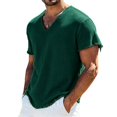 thumbnail image 2 of Bohemian Raw Hem V Neck Mens Short Sleeve Shirt, Fringe Casual Pullover, Skin Friendly Linen Blend Fabric for Seaside Walking Daily Vacation Outfits Green XXL, 2 of 8