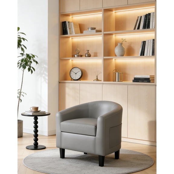 Gray Faux Leather Barrel Club Chair, Comfy Living Room Chair with Sturdy Legs – Accent Chair for Bedroom, Reading Room or Waiting Room